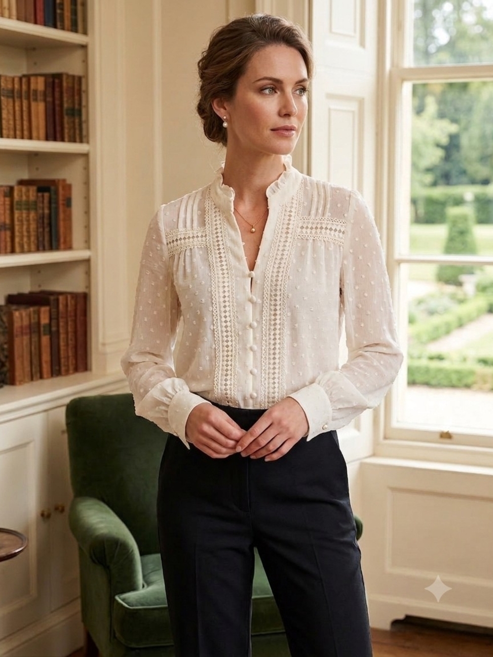 mine Ivory Swiss Dot Lace Pintuck Blouse